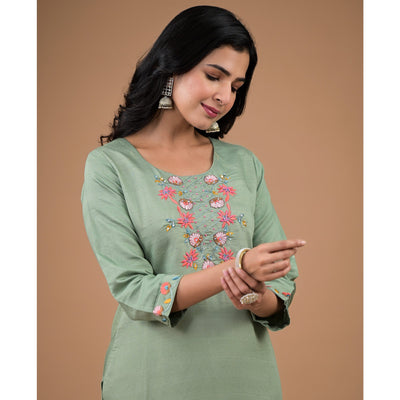 Mint Green Yoke Embroidered Viscose Straight Kurti