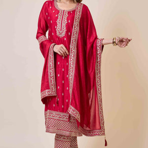 Dark Pink Embroidered Vichitra Silk Salwar Suit