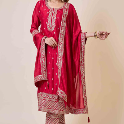 Dark Pink Embroidered Vichitra Silk Salwar Suit