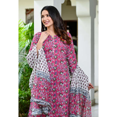 Magenta Purple Floral Printed Pure Cotton Salwar Suit