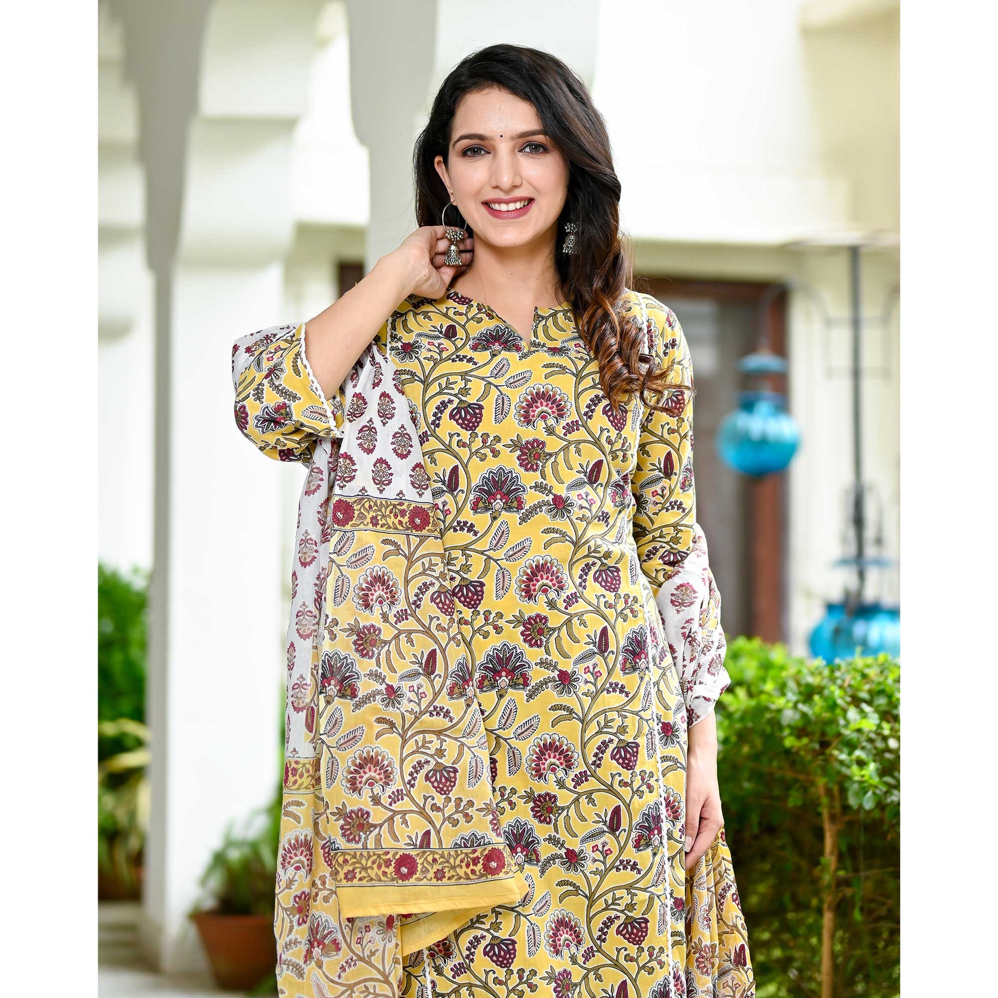 Light Yellow Floral Printed Pure Cotton Salwar Suit