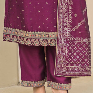 Dark Purple Golden Embroidered Vichitra Silk Salwar Suit