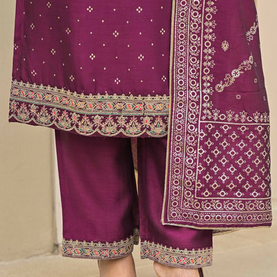 Dark Purple Golden Embroidered Vichitra Silk Salwar Suit
