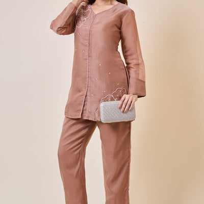 Brown Floral Embroidery Organza Co-Ord Set