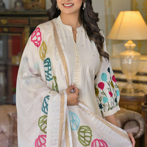 Cream Thread Embroidered Chanderi A-Line Salwar Suit