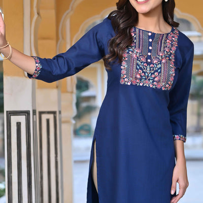 Blue Yoke Embroidered Rayon Slub Straight Kurti