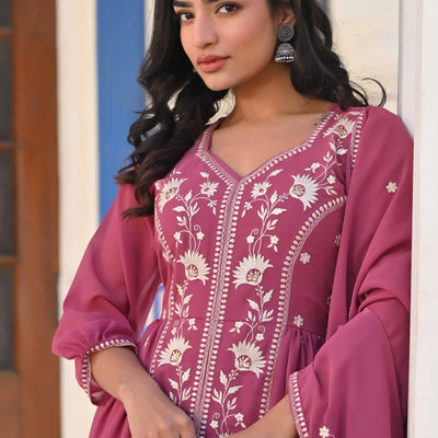 Mauve Floral Embroidered Georgette Front Slit Salwar Suit