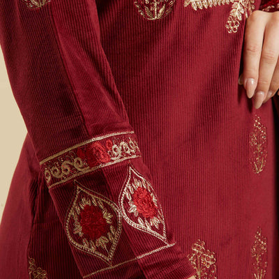 Maroon Embroidered Velvet Straight Salwar Suit