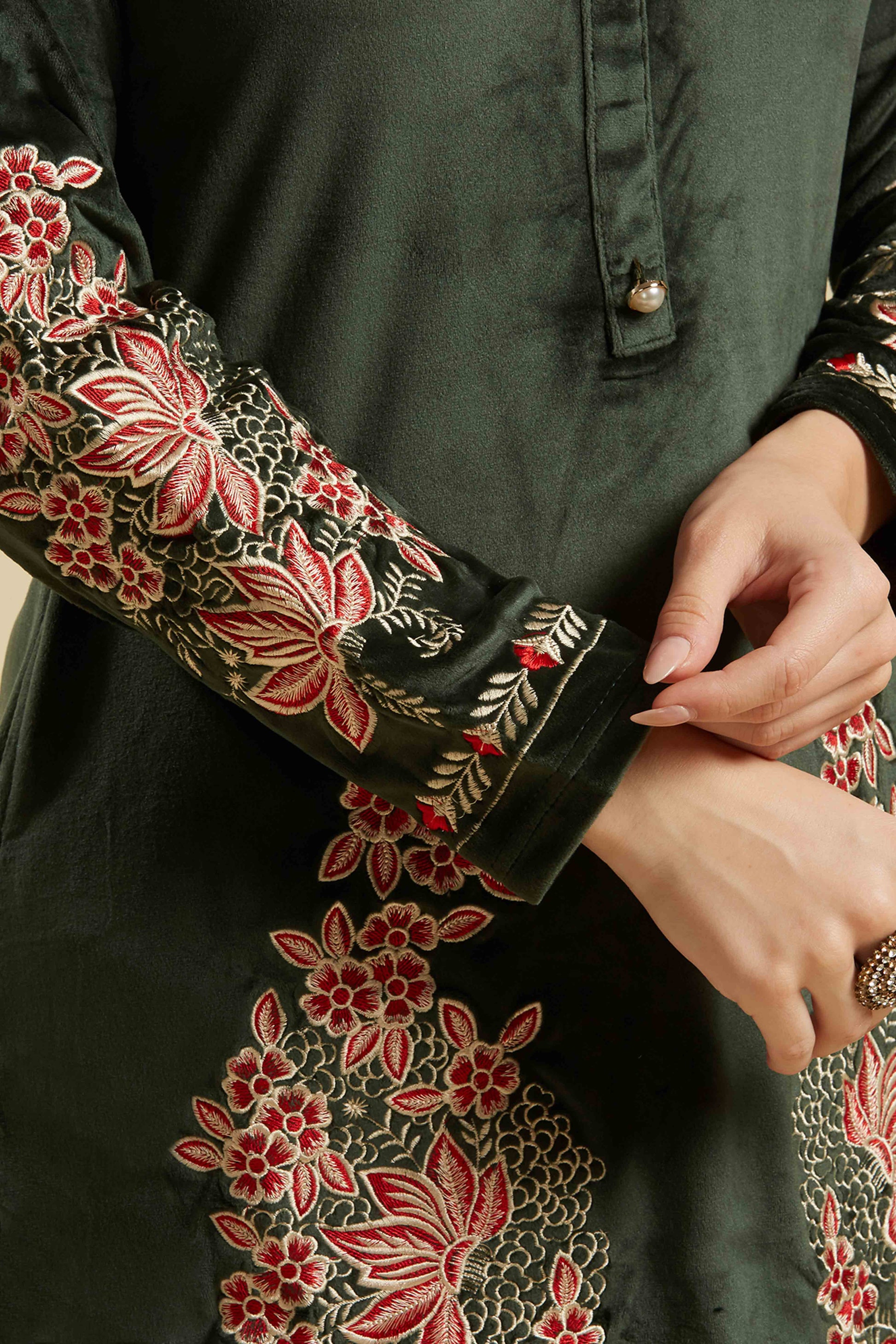 green-embroidered-velvet-straight-top-bottom-set