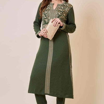Mehandi Green Floral Woolen Salwar Suit