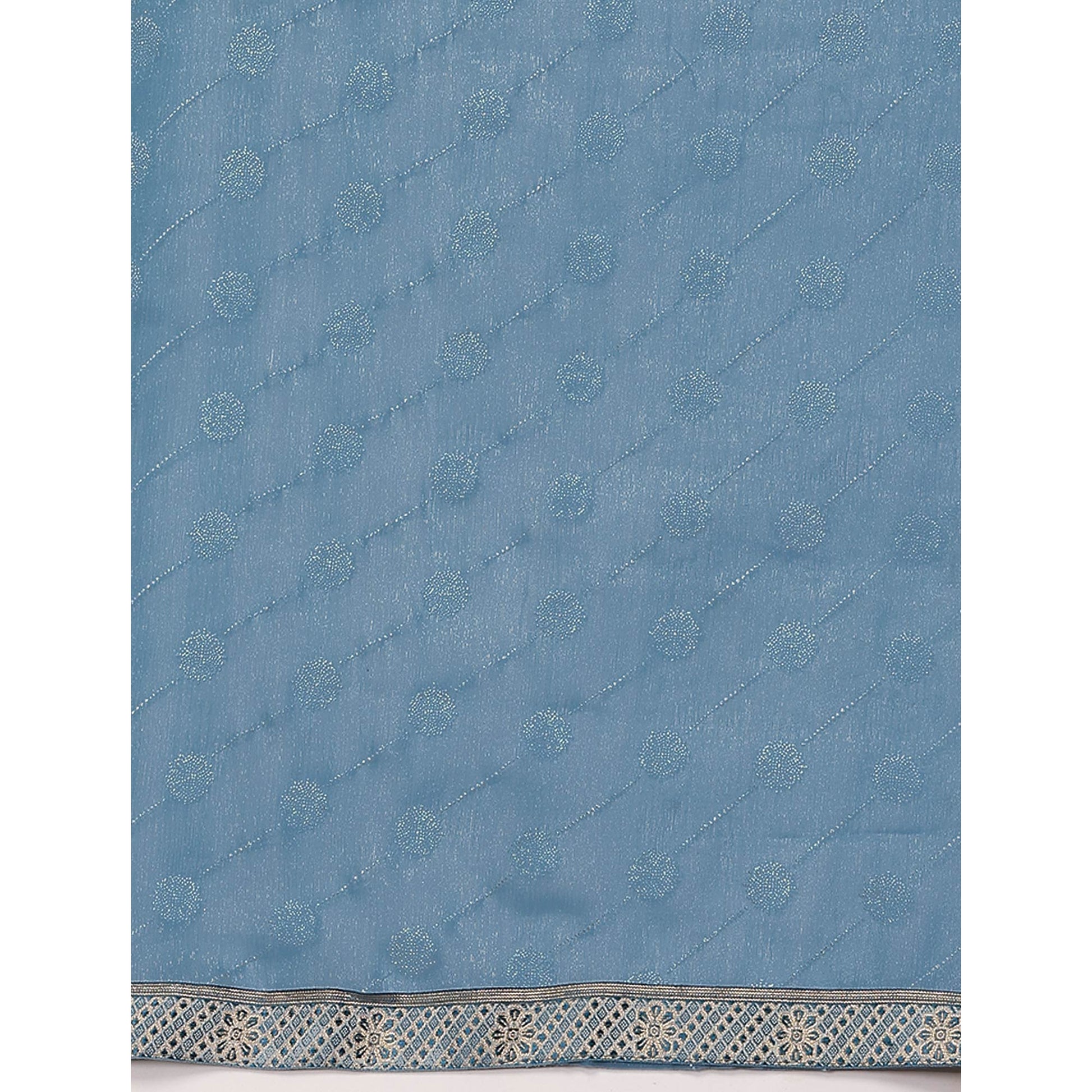 Greyish Blue Printed Chiffon Saree With Lace Border