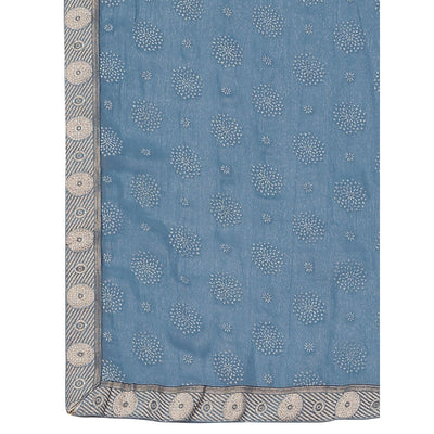 Greyish Blue Printed Chiffon Saree With Lace Border