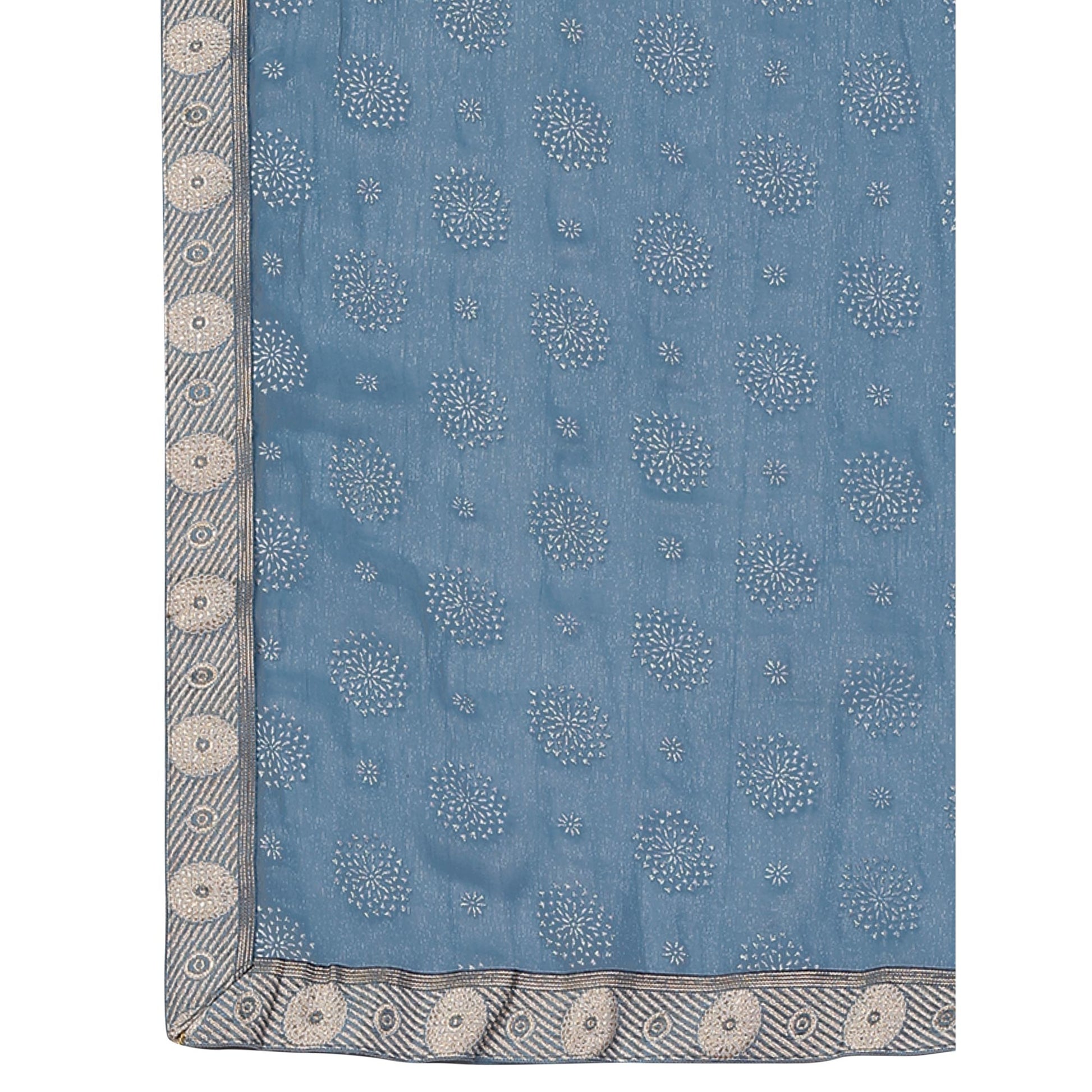 Greyish Blue Printed Chiffon Saree With Lace Border