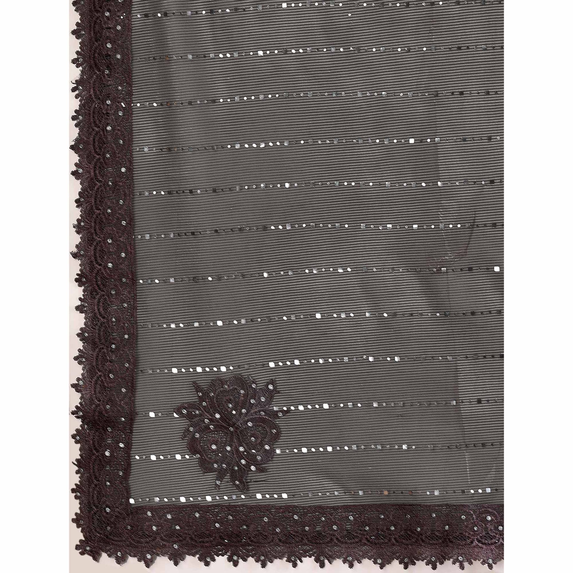 Brown Tikali Work Lycra Saree With Embroidered Lace Border