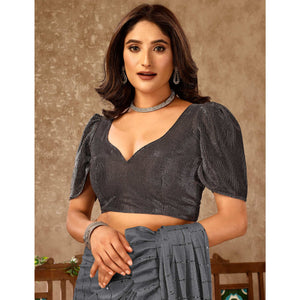 Grey Tikki Work Lycra Ready To Wear Ruffle Saree