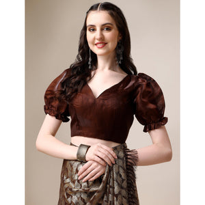 Brown & Gold Foil Printed Rayon Saree