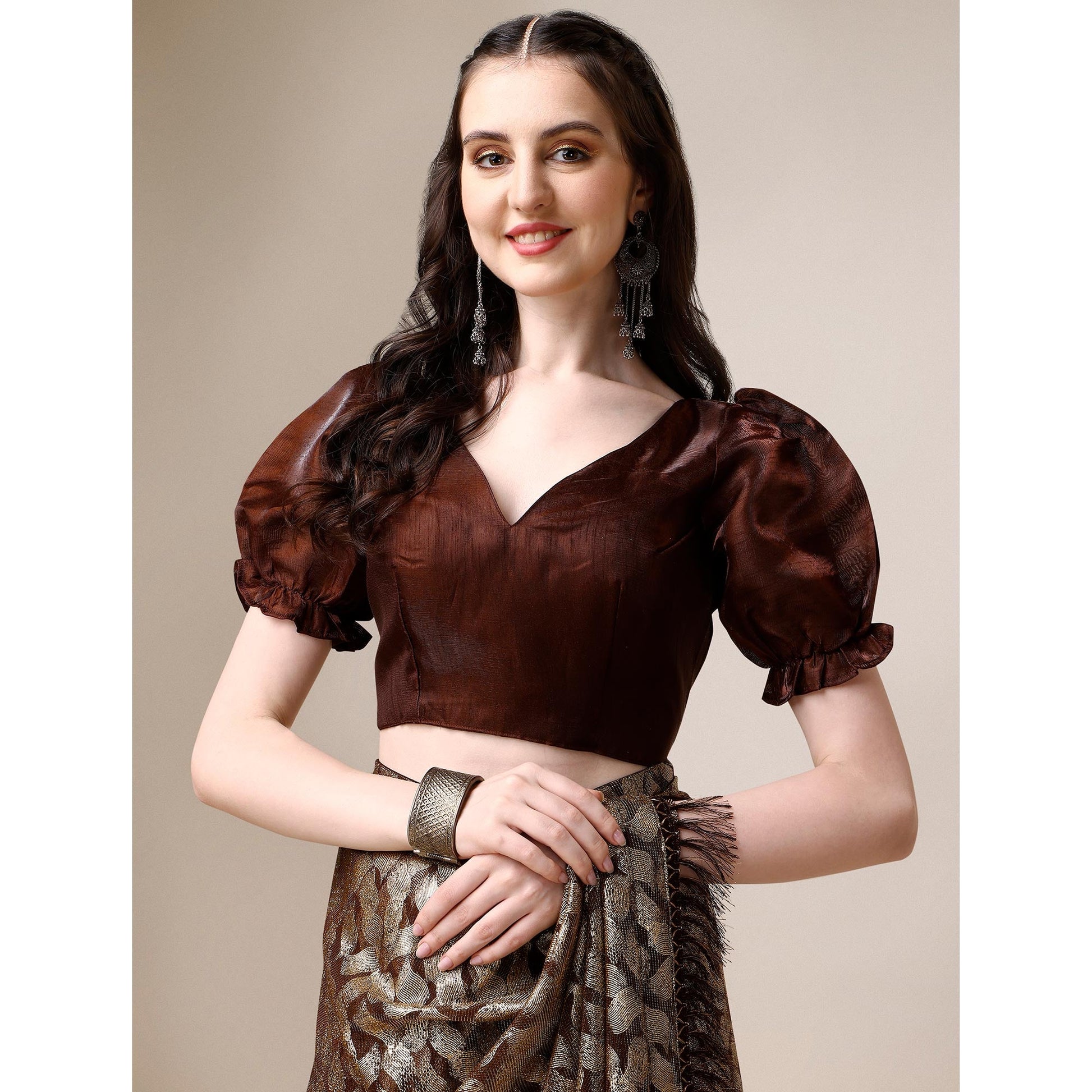 Brown & Gold Foil Printed Rayon Saree