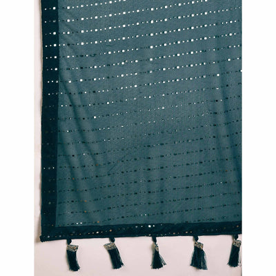 Bottle Green Tikali Work Lycra Saree With Tassels