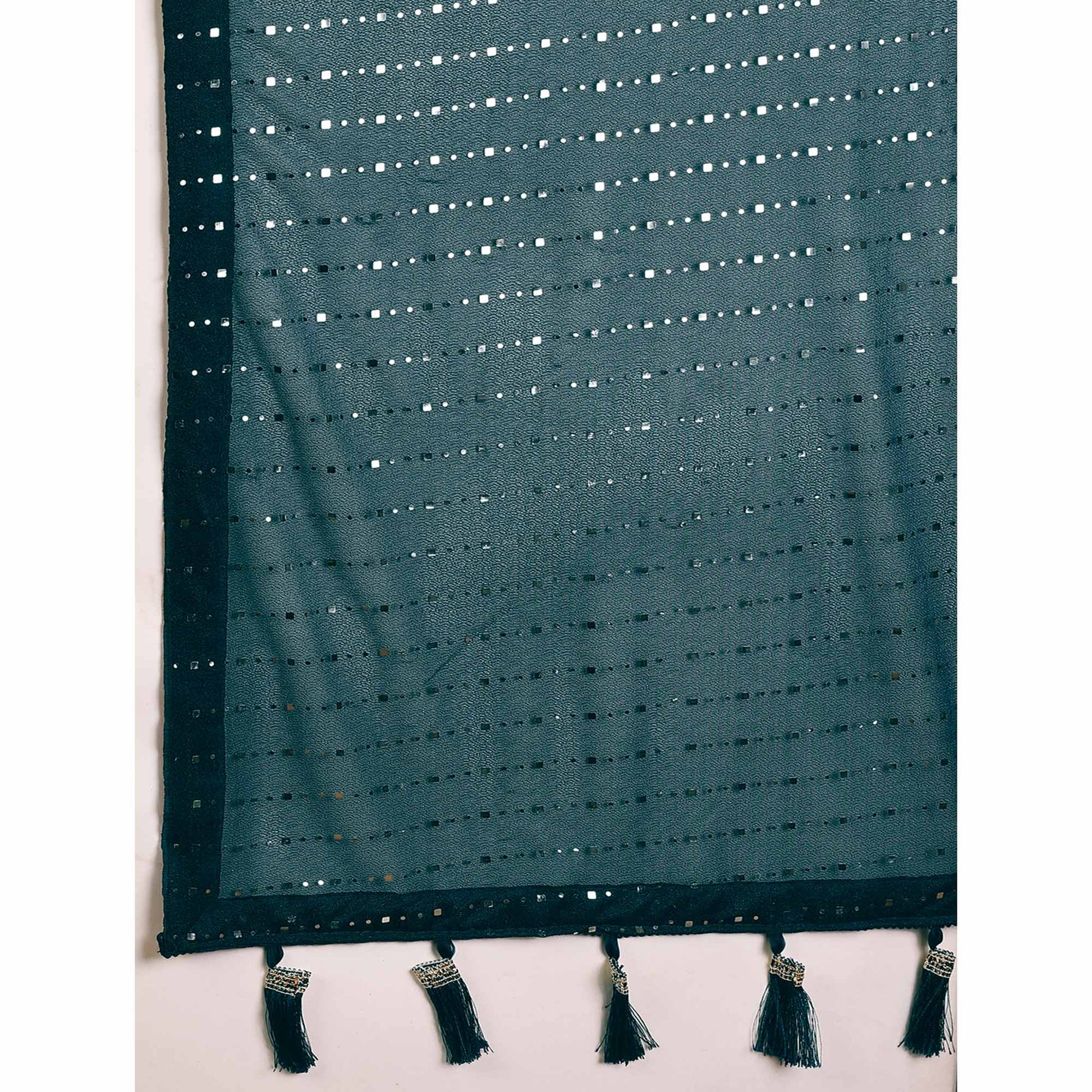 Bottle Green Tikali Work Lycra Saree With Tassels