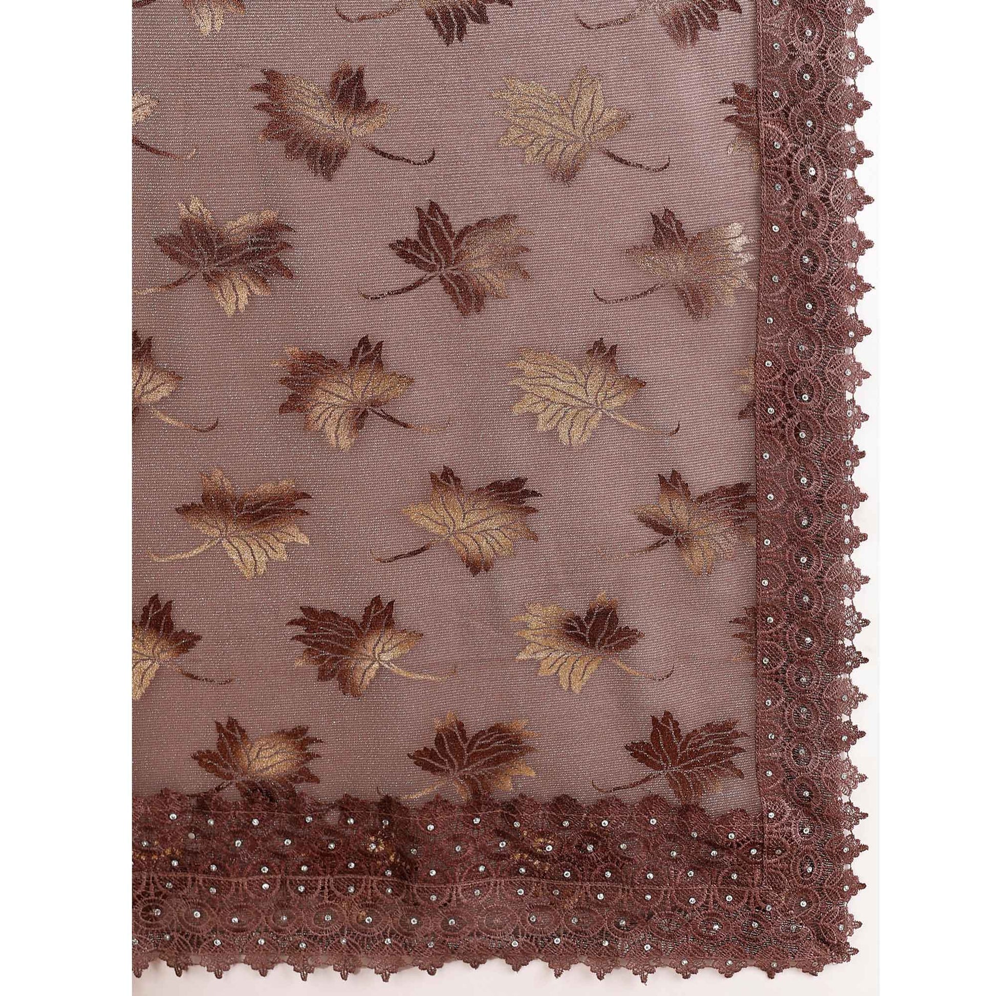Brown Foil Printed Lycra Saree With Embroidered Lace Border