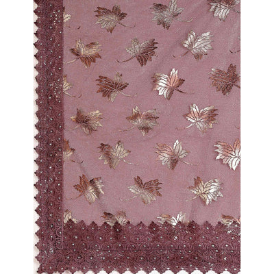 Dark Mauve Foil Printed Lycra Saree With Embroidered Lace Border