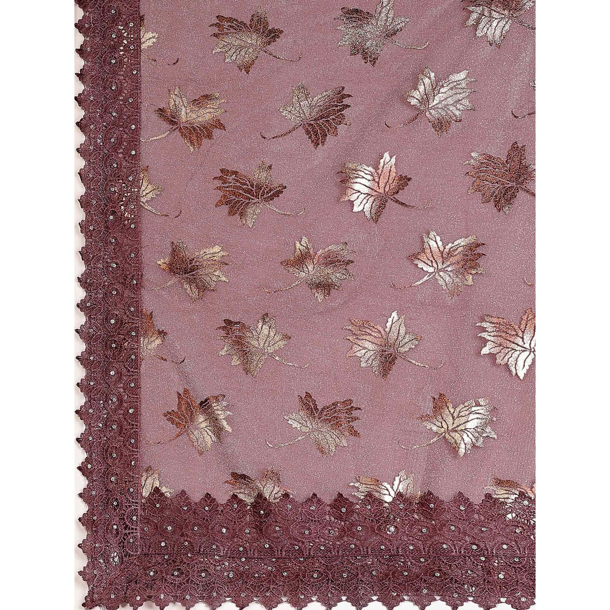 Dark Mauve Foil Printed Lycra Saree With Embroidered Lace Border