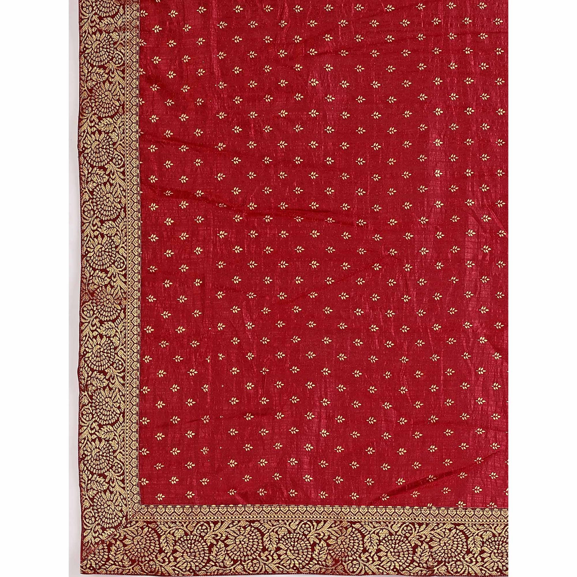 Dark Maroon Floral Foil Printed Vichitra Silk Saree With Lace Border