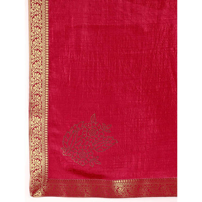 Maroon Floral Swarovski Work Vichitra Silk Saree With Lace Border