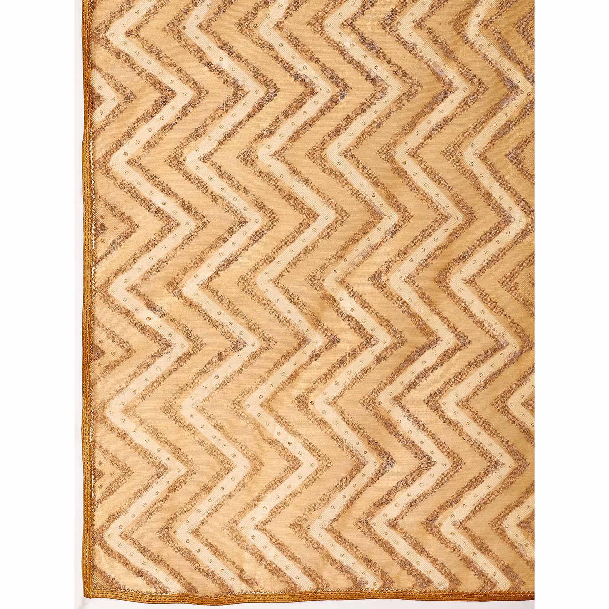 Chikoo Printed With Zari Work Cotton Silk Saree With Lace Border