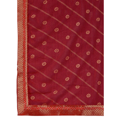 Maroon Floral Foil Printed Chiffon Saree With Lace Border