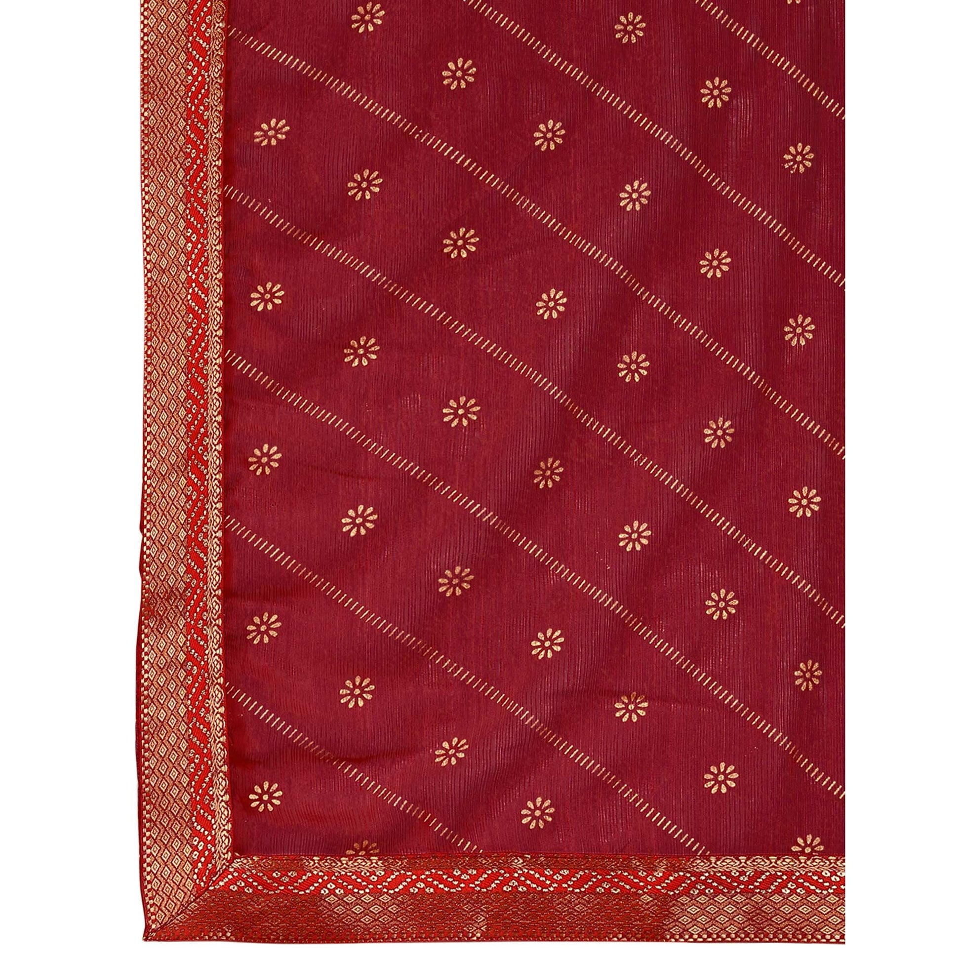 Maroon Floral Foil Printed Chiffon Saree With Lace Border
