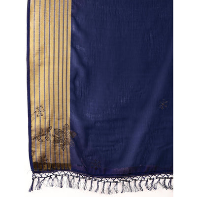 Blue Swarovski Work Chiffon Saree With Woven Border