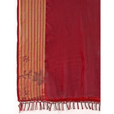 Maroon Swarovski Work Chiffon Saree With Woven Border
