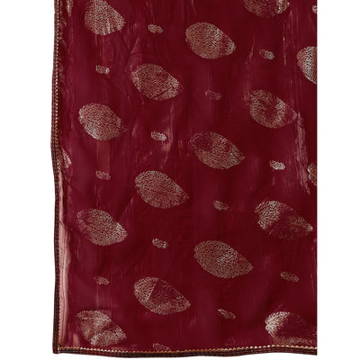 Maroon Foil Printed Chiffon Saree With Gota Patti Lace Border