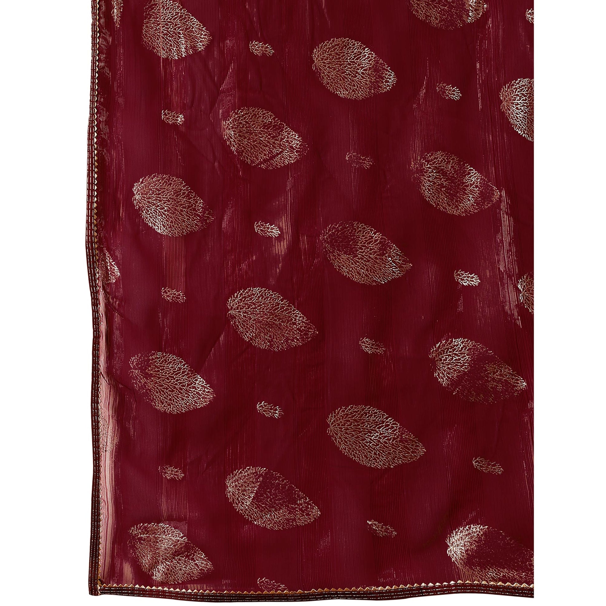 Maroon Foil Printed Chiffon Saree With Gota Patti Lace Border