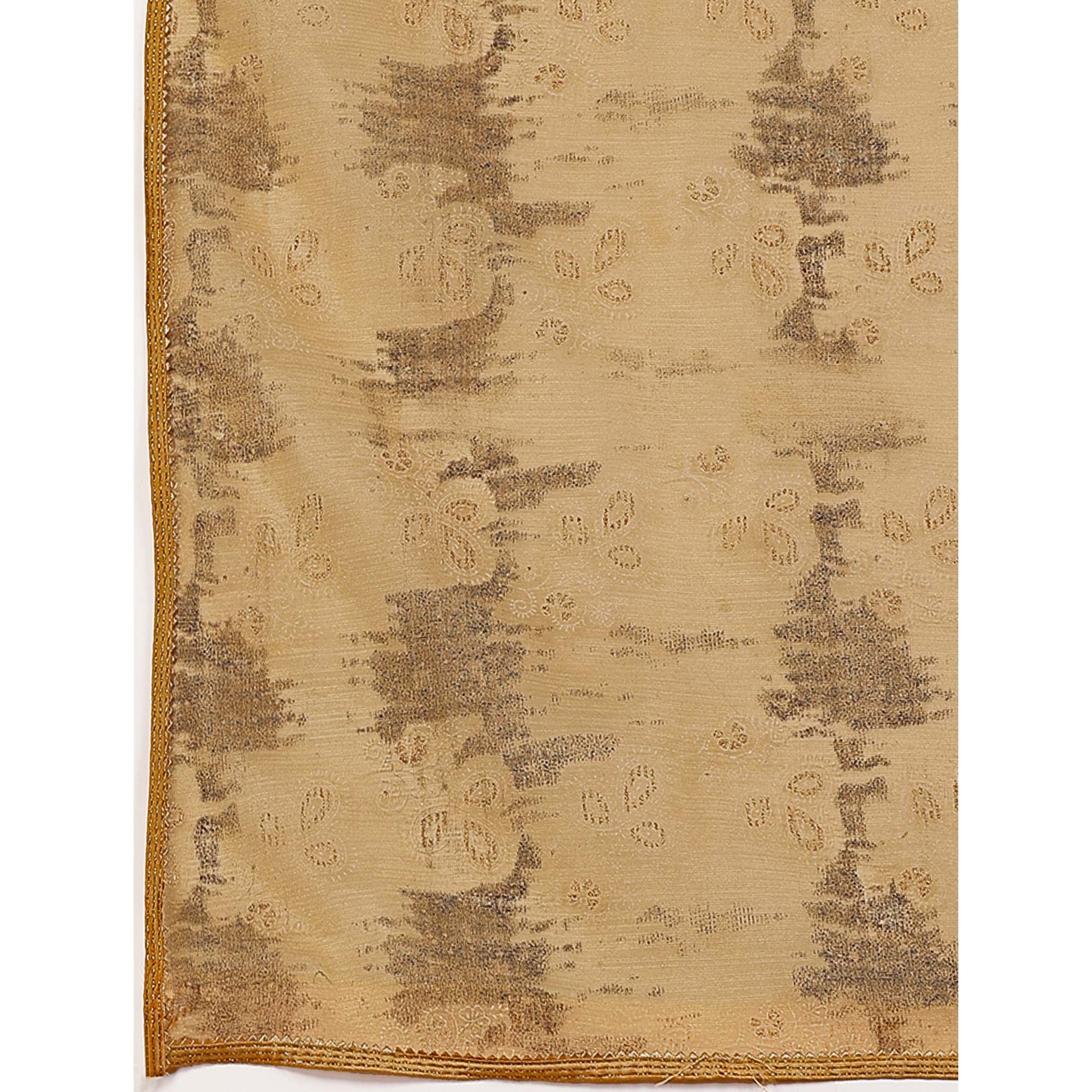 Chikoo Floral Printed With Zari Work Cotton Silk Saree