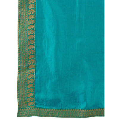 Blue Solid Saree Vichitra Silk With Zari Lace Border