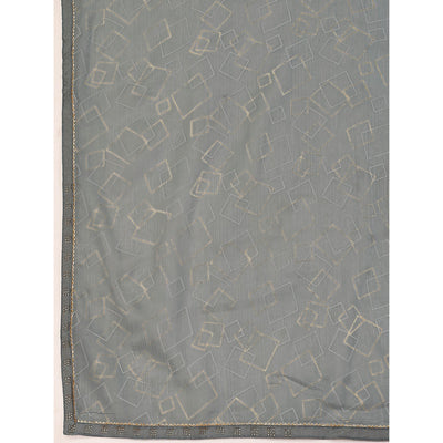 Grey Printed With Zari Work Chiffon Saree With Lace Border
