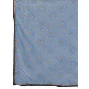 Greyish Blue Printed With Zari Work Cotton Silk Saree With Lace Border