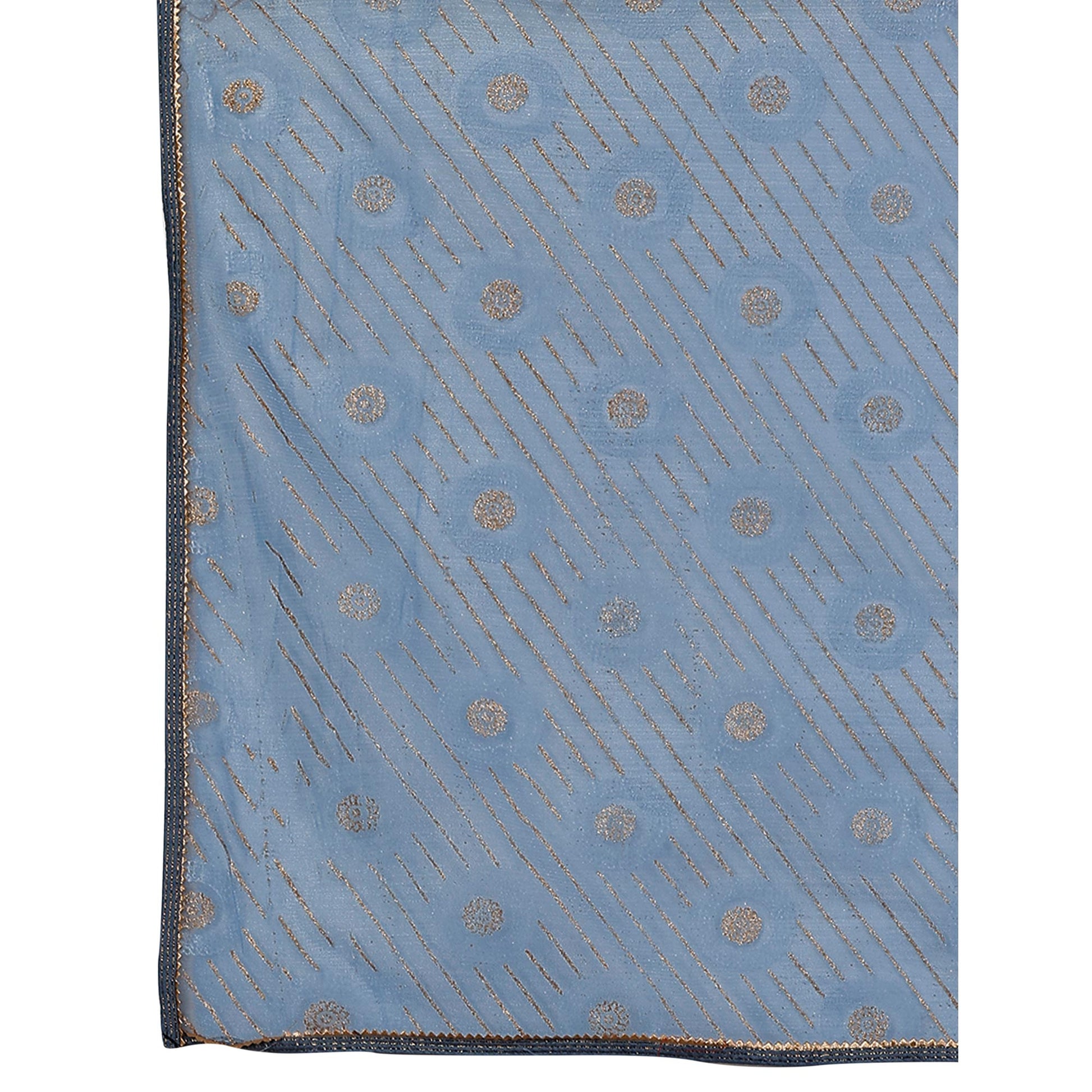 Greyish Blue Printed With Zari Work Cotton Silk Saree With Lace Border