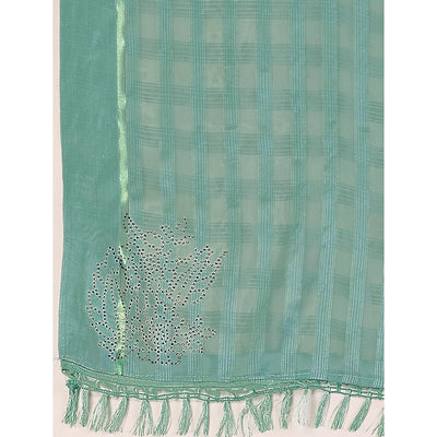 Dusty Green Swarovski Work Chiffon Saree With Tassels