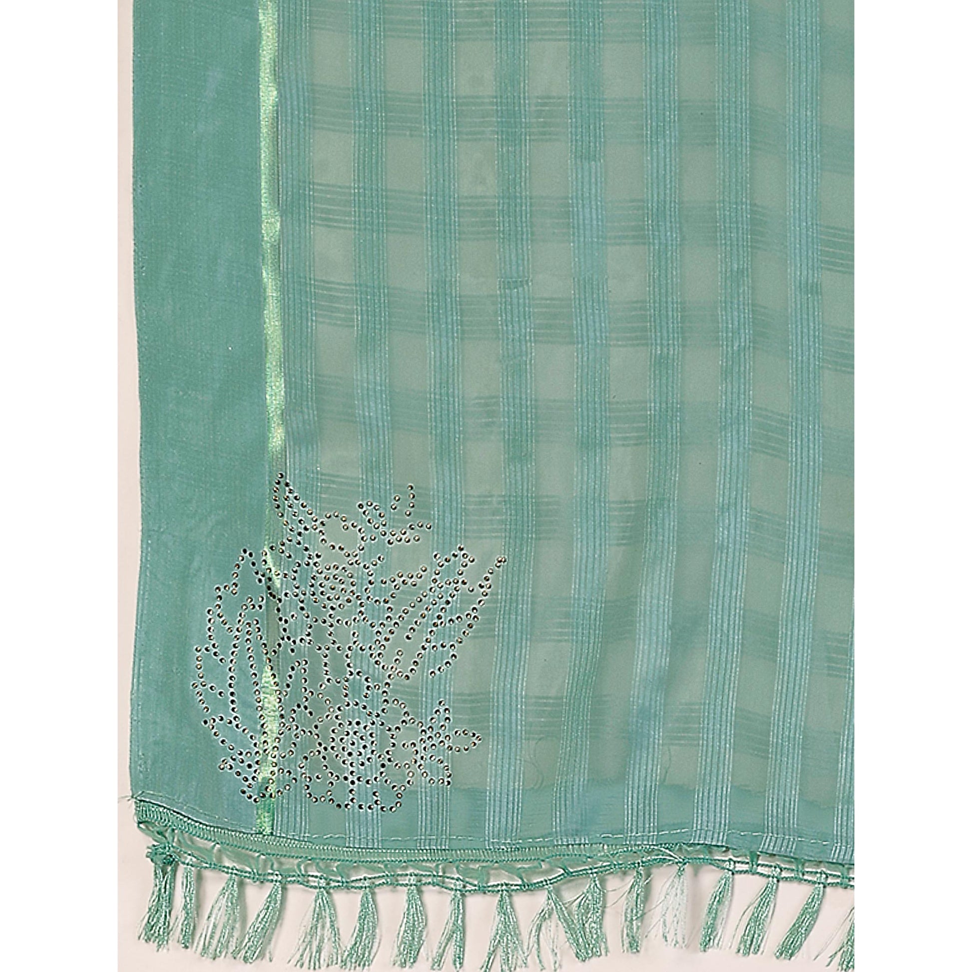 Dusty Green Swarovski Work Chiffon Saree With Tassels