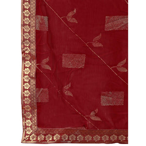 Maroon Floral Foil Printed Chiffon Saree With Lace Border