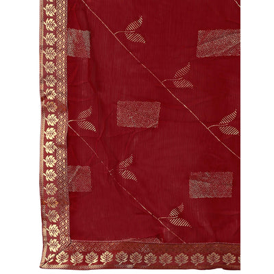 Maroon Floral Foil Printed Chiffon Saree With Lace Border