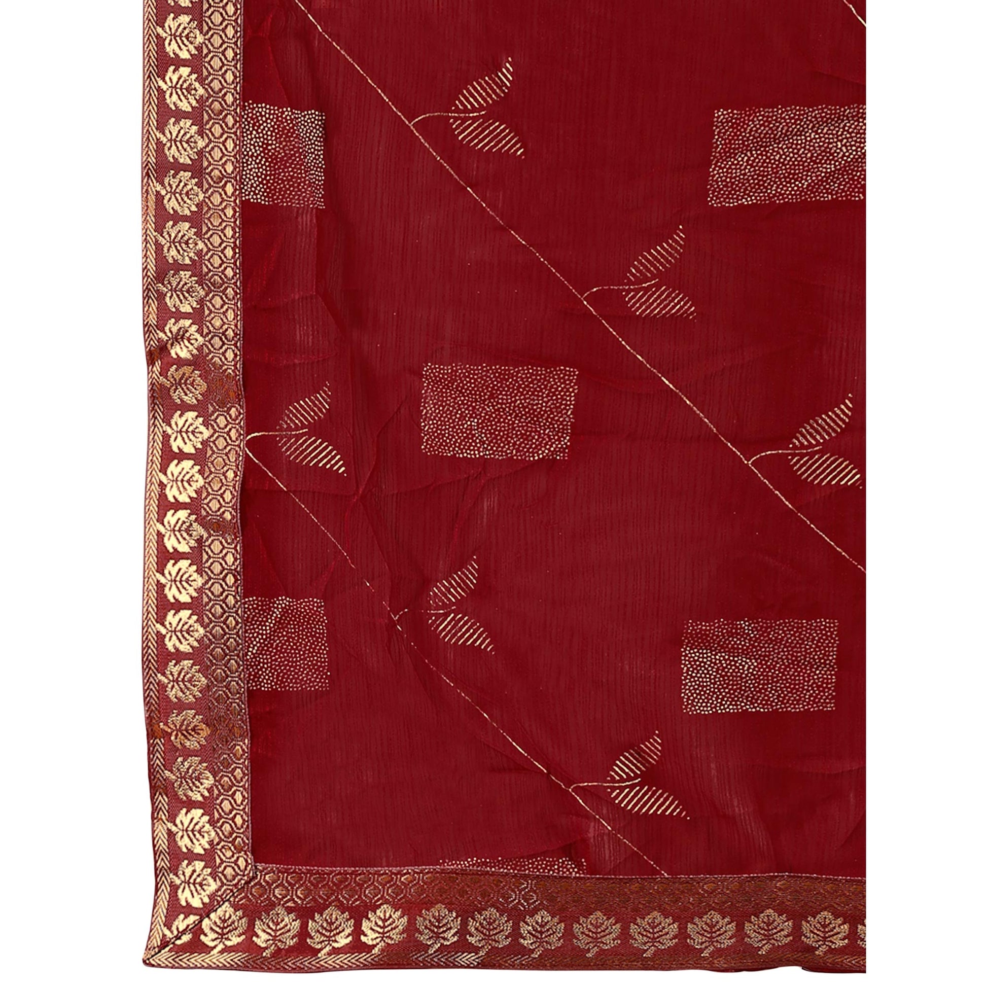 Maroon Floral Foil Printed Chiffon Saree With Lace Border