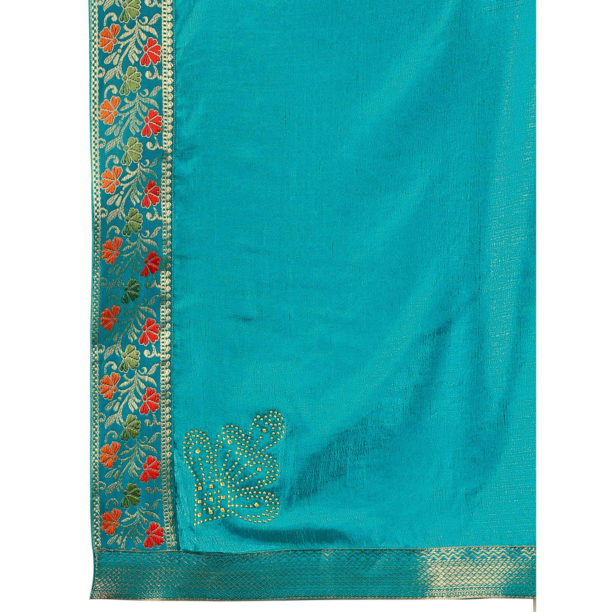 Blue Swarovski Work Vichitra Silk Saree Lace Border