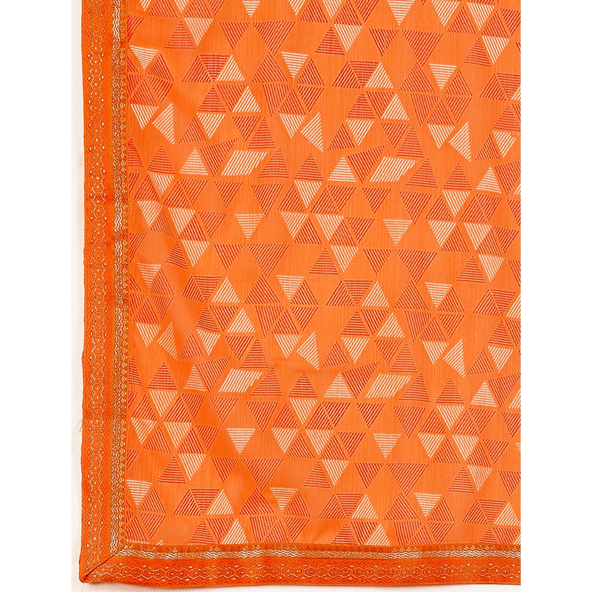 Dark Orange Geometric Printed Chiffon Saree With Lace Border