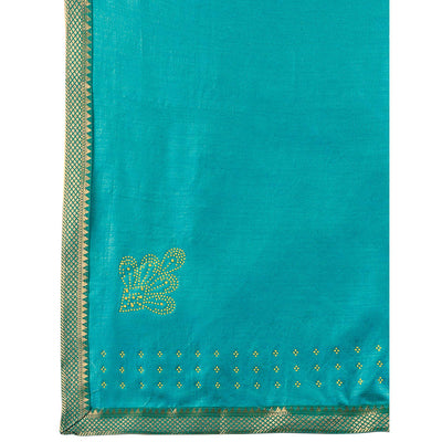 Blue Swarovski Work Vichitra Silk Saree With Lace Border