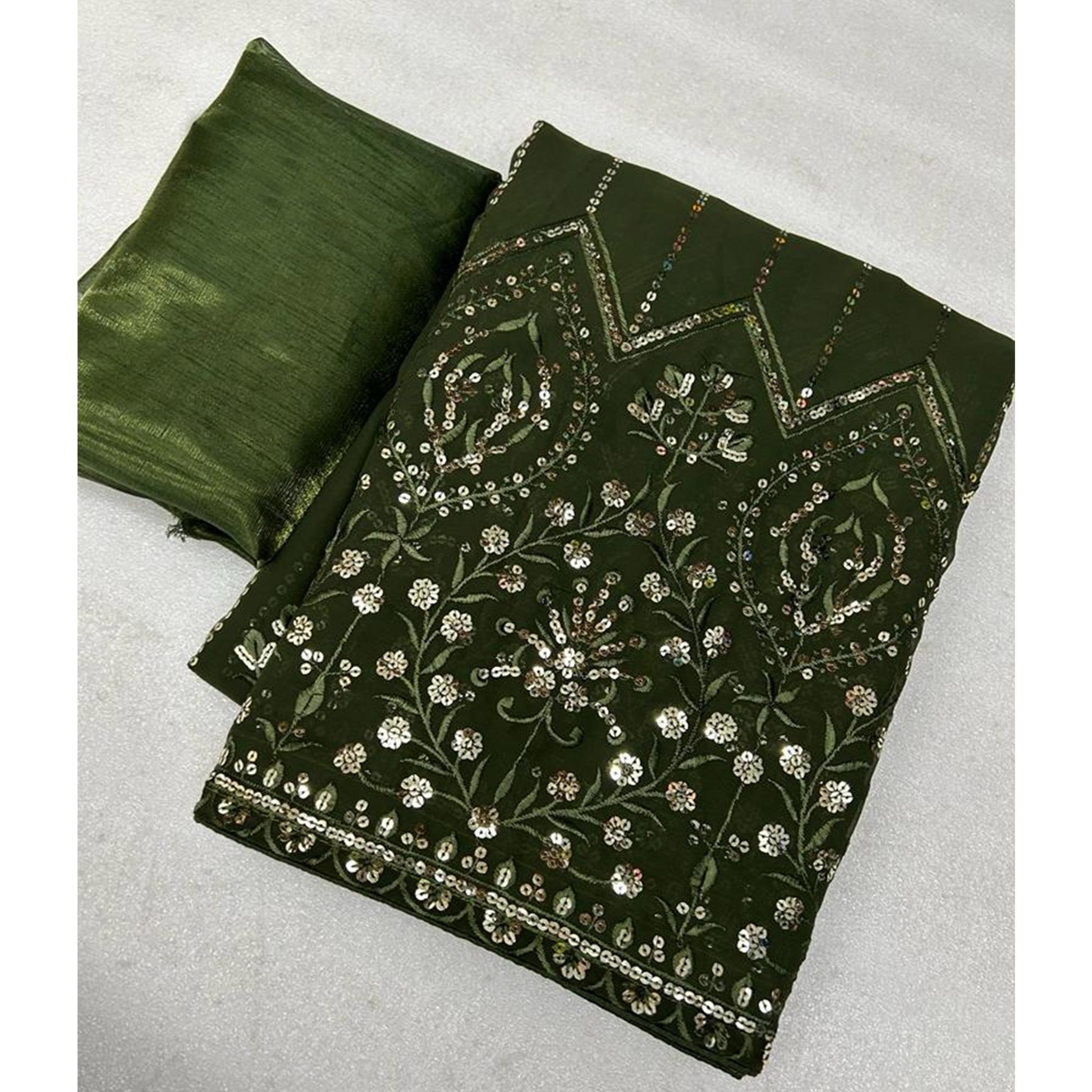 Mehandi Green Sequins Embroidered Georgette Saree