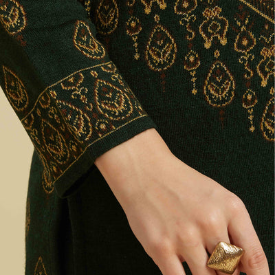 Bottle Green Woven Woolen Straight Top Bottom Set